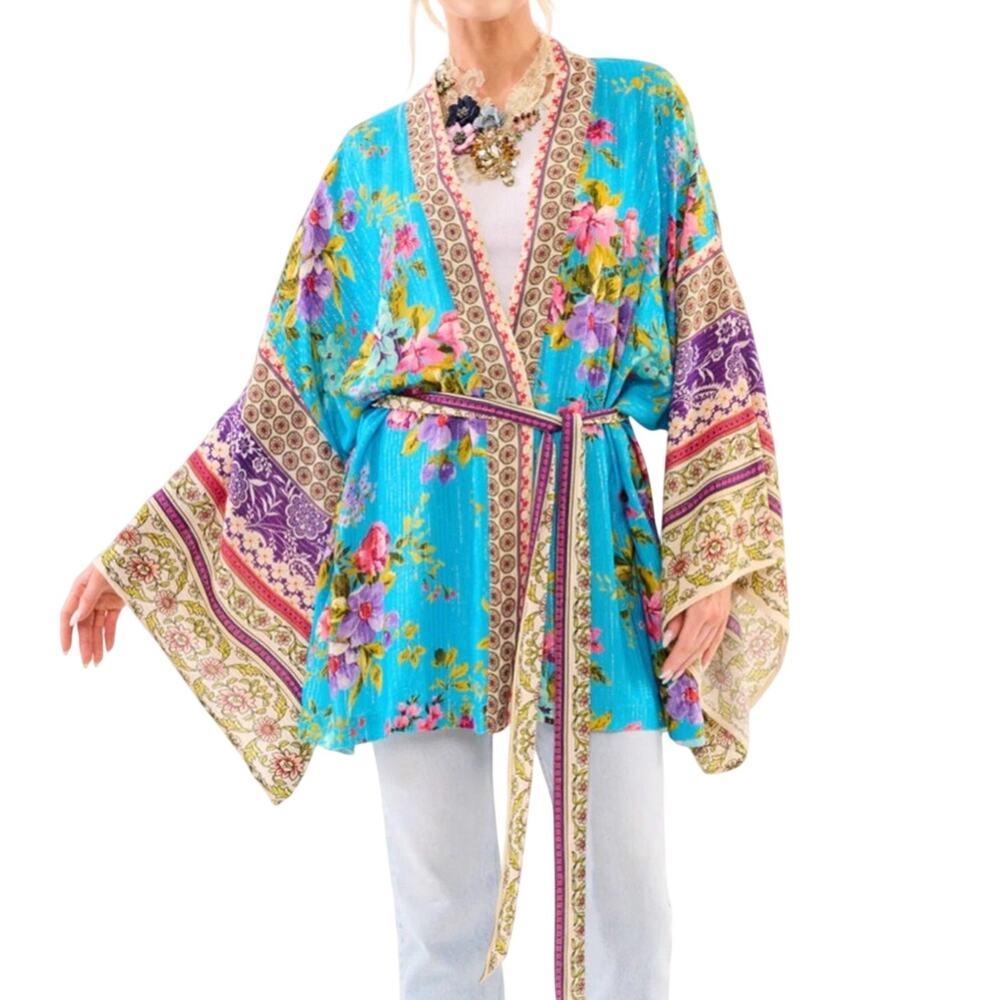 Aratta Garden of Eden Kimono OS NIP Belted Floral Metallic Duster Boho Luxe